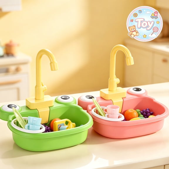 Frog Shape Electric Circulating Water Sink Toy, Kids Kitchen Dish Washing Playset with Fruits Tableware, Pretend Play Toys, Christmas Birthday Gifts, Toys for Age 3 Toddler Baby Kids Boys Girls