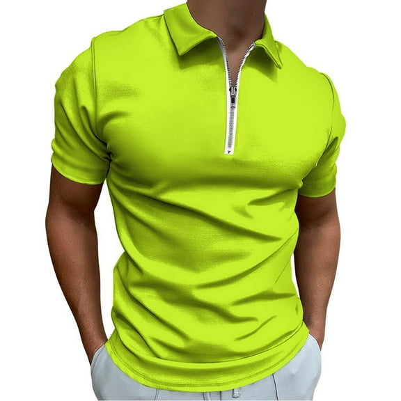 Solid Color Bright Green Men Zipper T-shirt Summer Casual Short Sleeve T-shirt Top