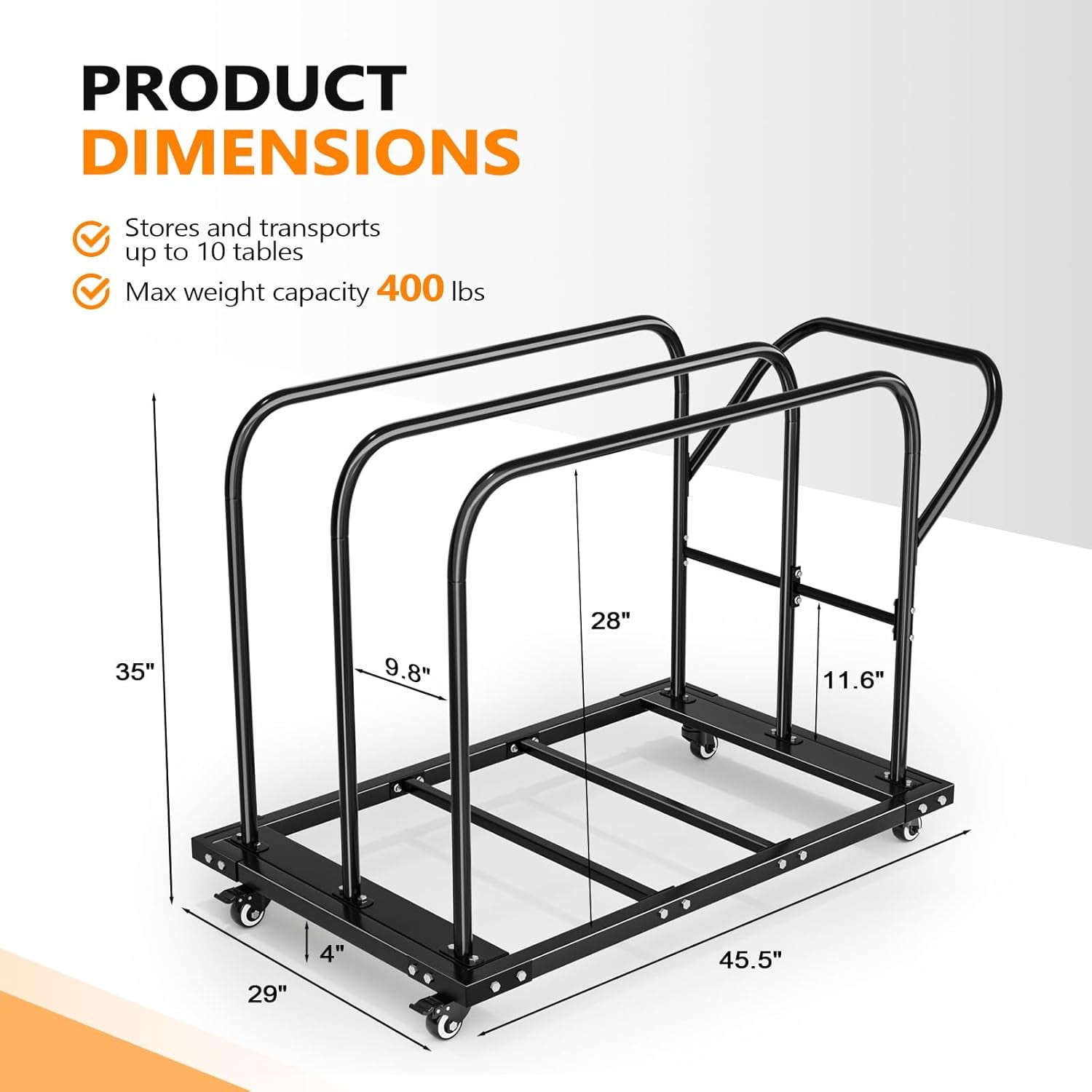 JFTER Heavy Duty Folding Table Cart, Table Dolly with PU Swivel Wheels, 800 lbs Capacity, Holds Up to 10 Tables for Party Events, Hotels, Factories & Warehouses