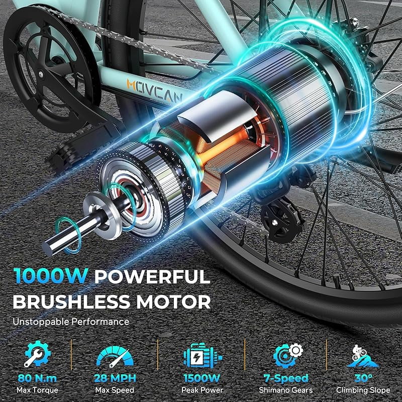 1000W Motor Movcan V80 Electric Bike, 28MPH Ebike, 48V 13Ah Removeable Battery, 26'' Cruiser Adult Electric Bicycles up to 70 Miles