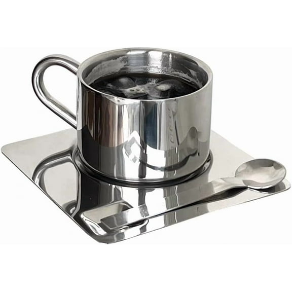 Stainless Steel Coffee Mug Set, Double Wall Coffee Mug with Saucer Cup Spoon Handle European Style Coffee Mug Set Metal Coffee Tea Cup Set