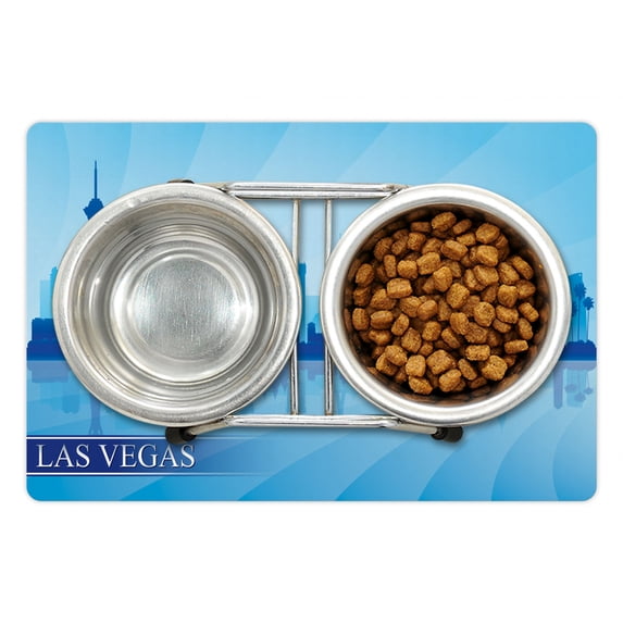 Las Vegas Pet Mat for Food and Water, Silhouette of an American City Various Landmarks Nevada Downtown, Non-Slip Rubber Mat for Dogs and Cats, 18" X 12", by Ambesonne