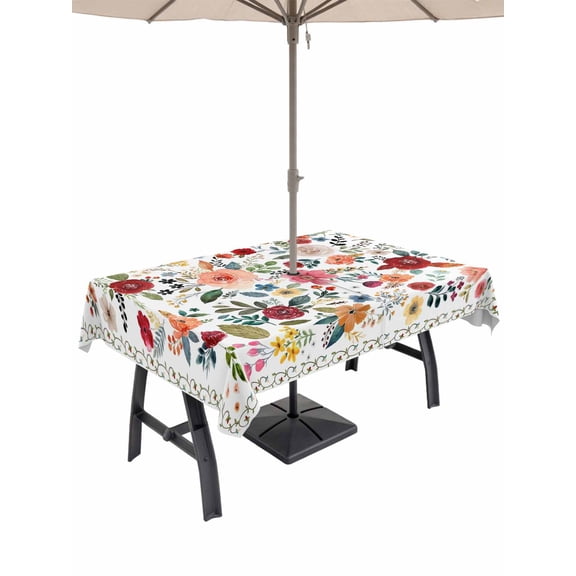 Colorful Flowers Square Rectangle Outdoor Tablecloth with Umbrella Hole Spring Vintage Watercolor Floral Leaves 60x120 Inch Waterproof Table Cover Zippered Table Cloth for Garden Patio