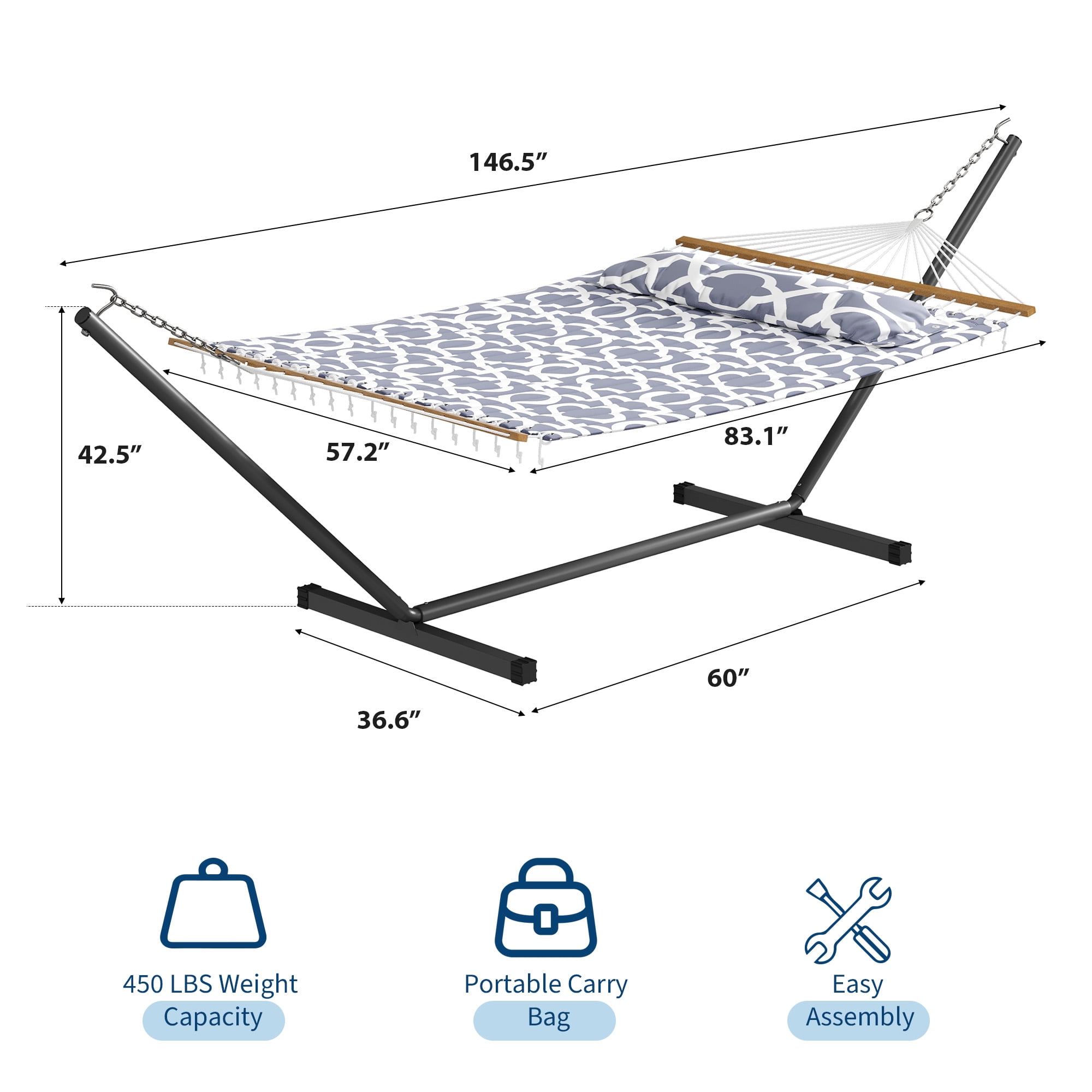 IdealHouse Double Hammock with Stand – 475 Lbs Capacity, Adjustable Double-Layer Outdoor Hammock Chair, Sturdy Steel Frame, Thick Rope, for Backyard, Camping, Porch, Light Grey
