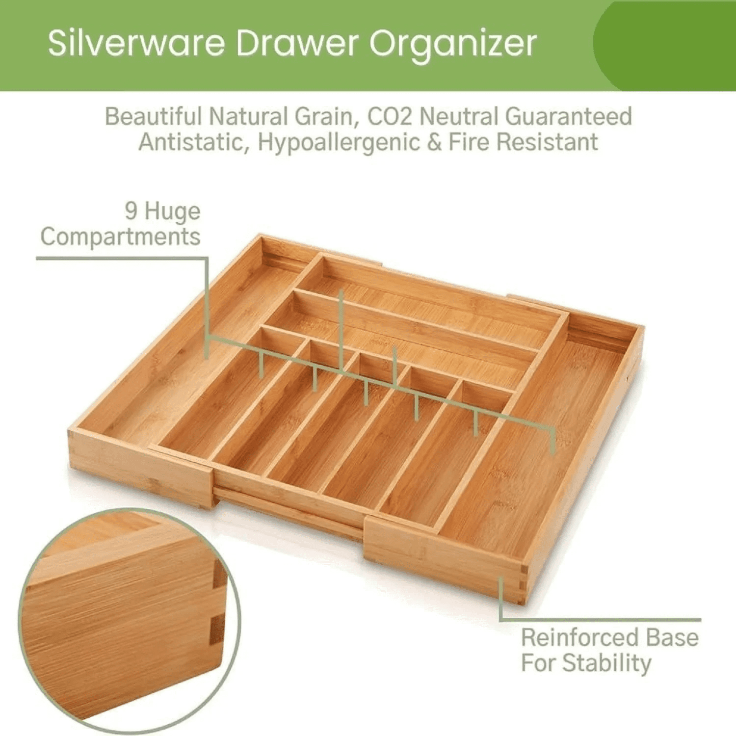 Luxury Bamboo Kitchen Drawer Organizer - Silverware Organizer, Utensil Holder & Cutlery Tray Drawer Dividers for Flatware (9 Slot, Natural)