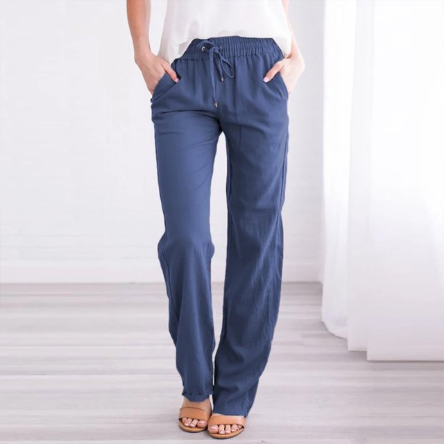 Pantalones De Verano Pantalones cómodos de lino y algodón con bolsillos y cordón para mujer, atuendo diario holgado Ygjytge Azul M para Mujer