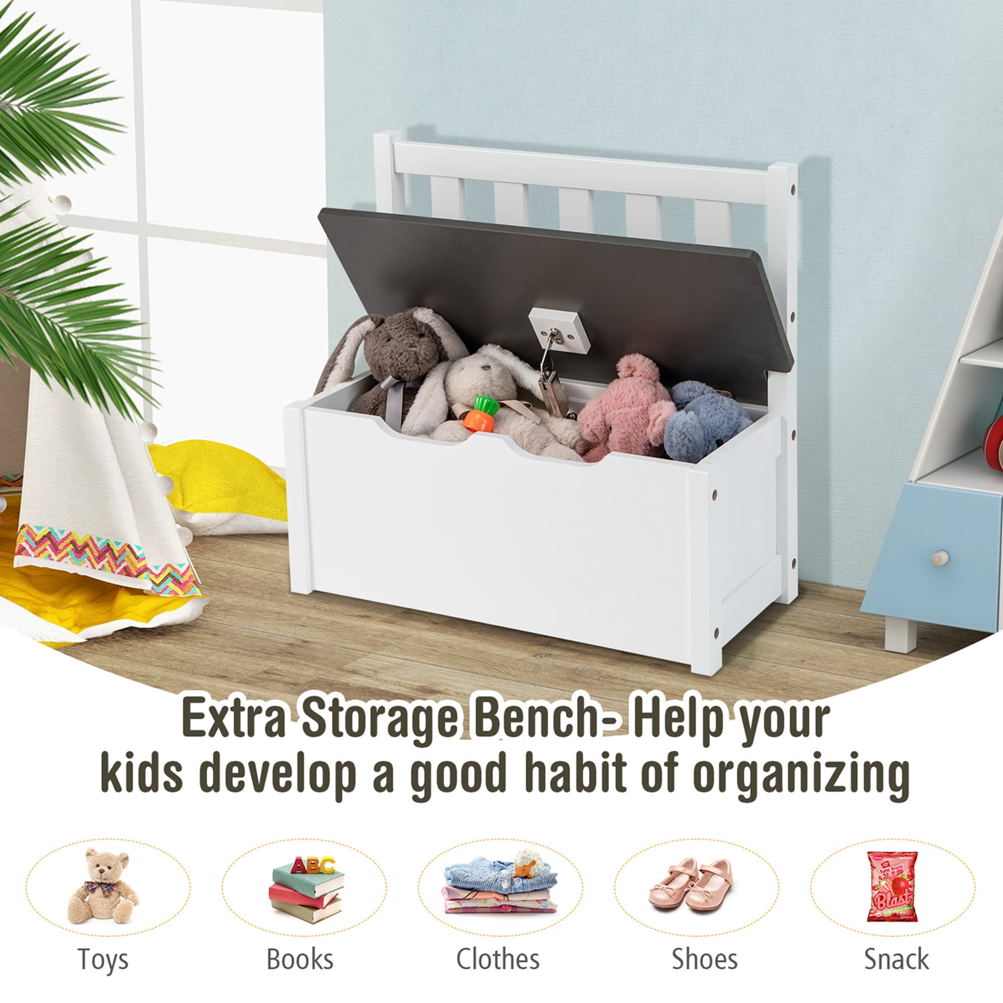 Costway 4 PCS Kids Wooden Activity Table & Chairs Set with Storage Bench Study Desk Grey