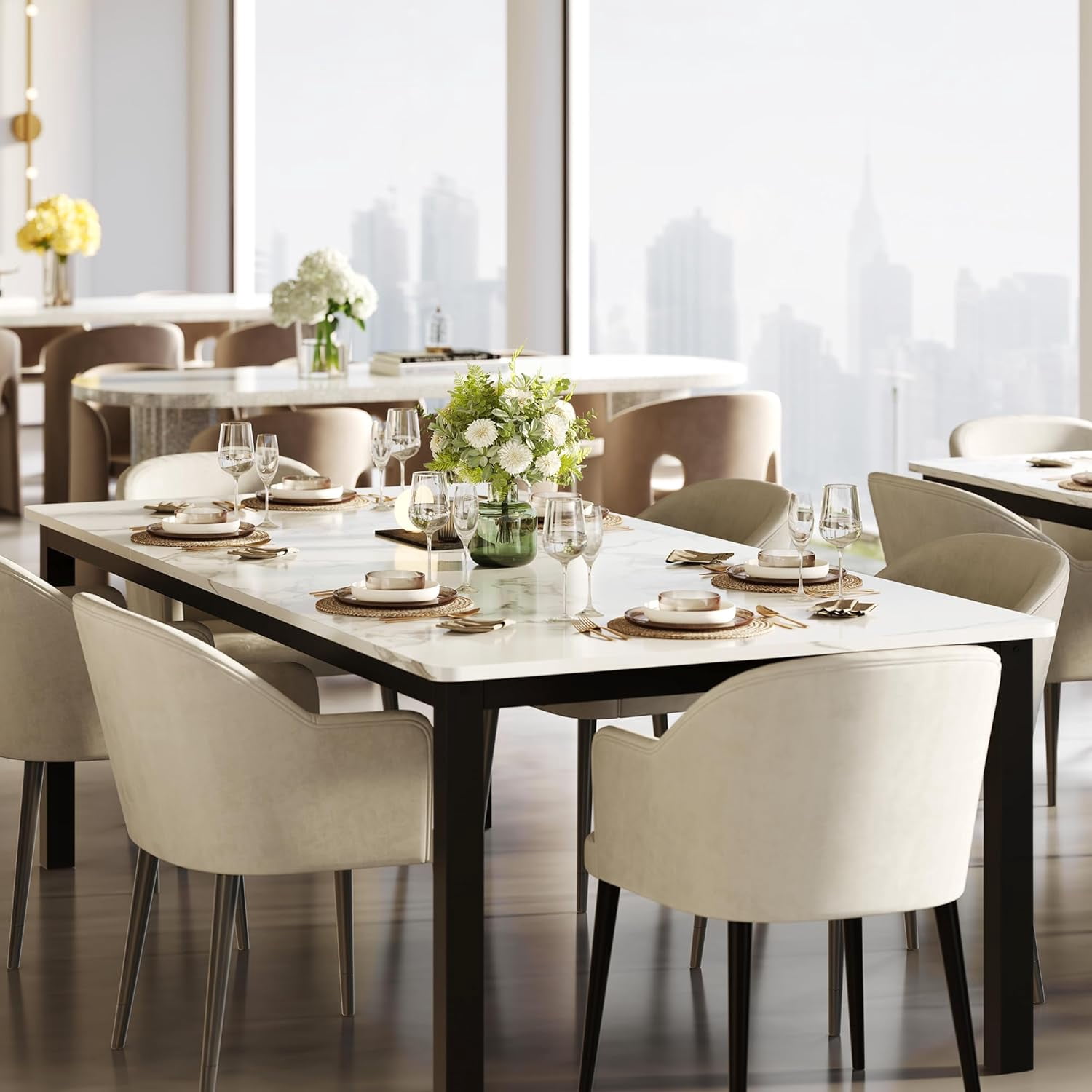 71" Industrial Dining Table for 6, Wooden Long Dinner Table with Mortise Tenon Design, Kitchen Table with Sturdy Metal Legs, for Dining Room Home Office Living Room, White