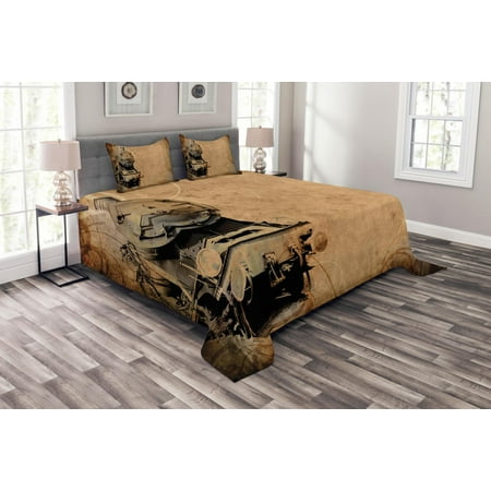 Steam Engine Bedspread Set, Antique Old Iron Train Aged Sepia Grunge Style Design Industrial Theme Artsy Print, Decorative Quilted Coverlet Set with Pillow Shams Included, Brown, by