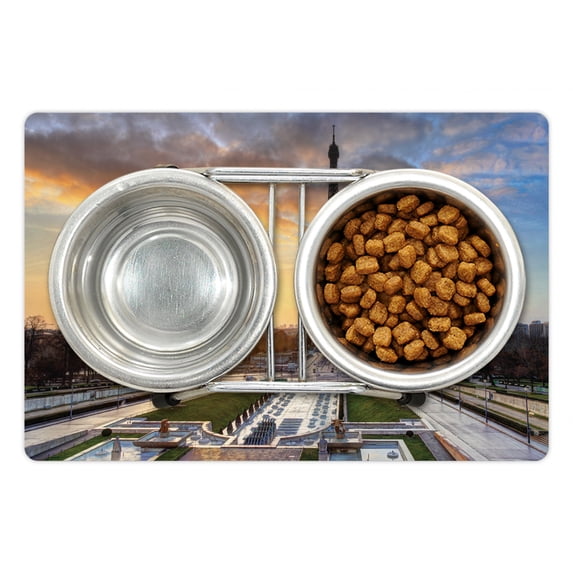 Eiffel Tower Pet Mat for Food and Water, Sunrise in Paris with the French Holidays Getaways Scenic Print, Non-Slip Rubber Mat for Dogs and Cats, 18" X 12", by Ambesonne