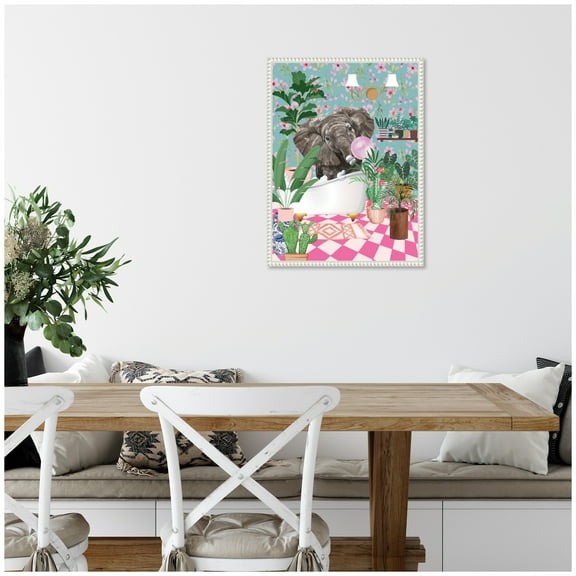 Kate and Laurel Maximalist Bathroom Elephant Bubblegum Framed Canvas Wall Art  by Honey Island Studio 18 x 24 Sylvie Beaded White, Whimsical, Animals, Bathroom, Flowers Art for Wall Decor