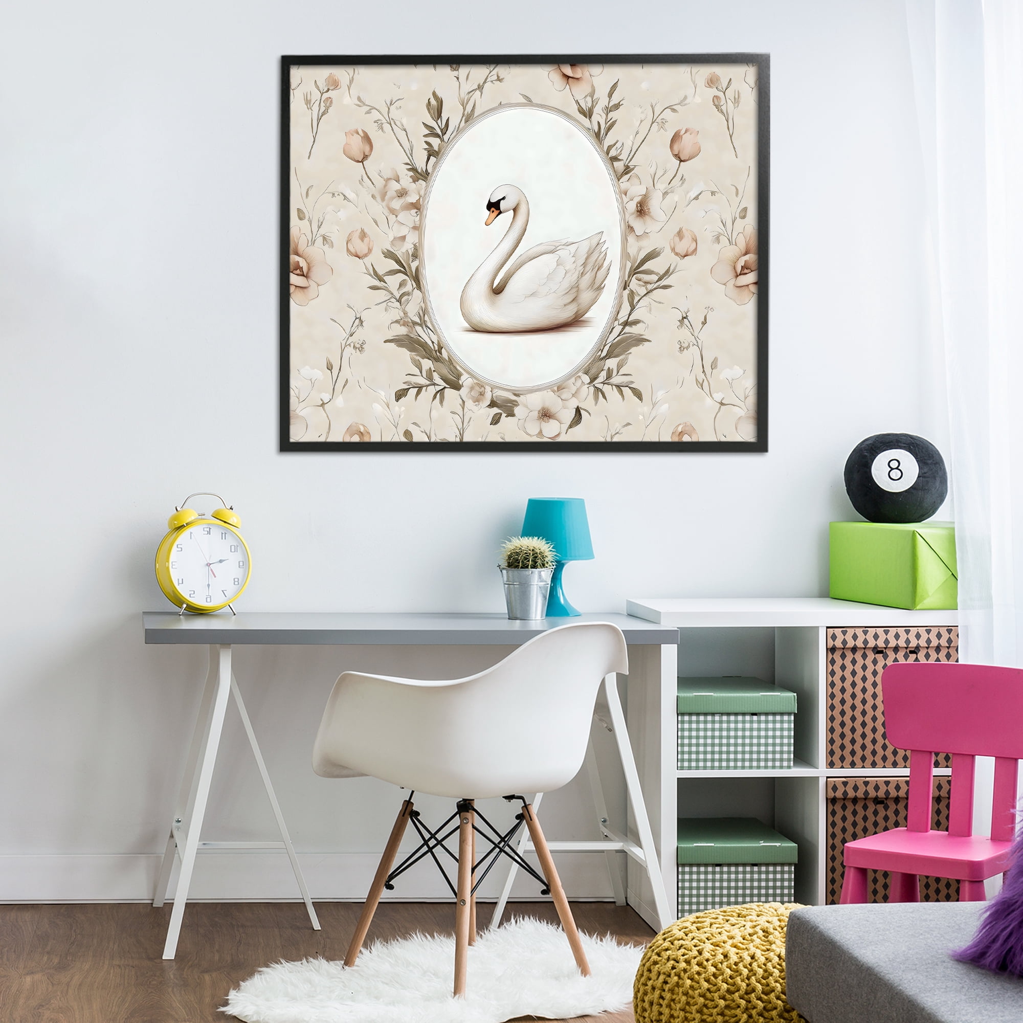 Stupell Industries Swan Vignette in Floral Border Black Framed Giclee Art, design by Arlington Prints