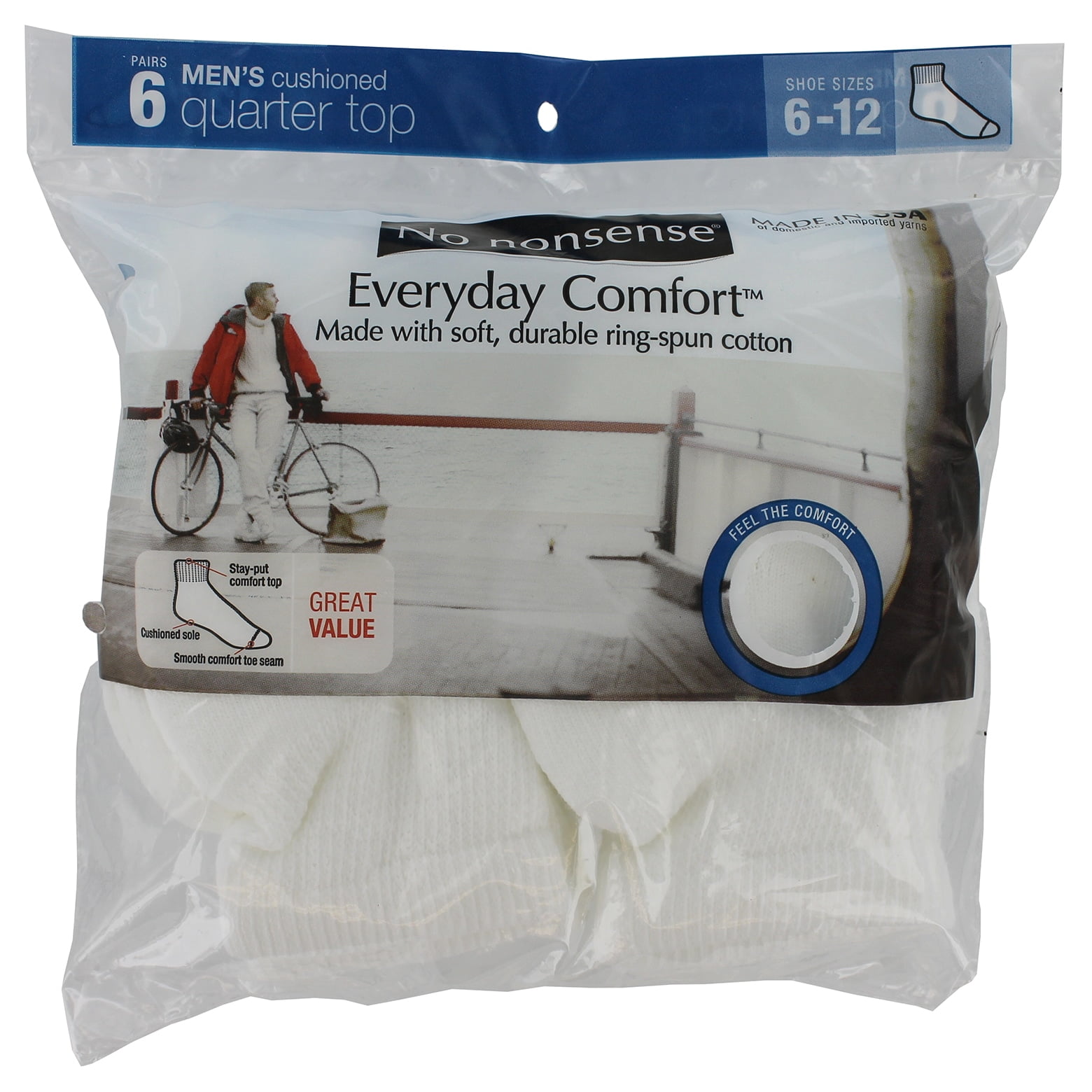 No Nonsense 2C12QH Mens White Quarter Top Socks 6count