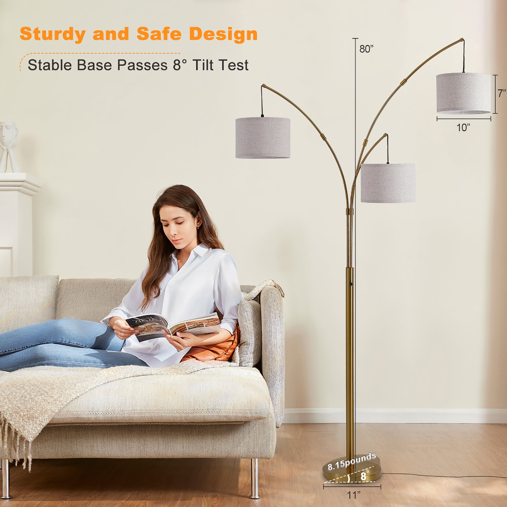 80 Inch 3 Lights Arc Floor Lamps, Dimmable Floor Lamps for Living Room, 3 Color Temperature, Modern Tall Standing Lamp with Remote Control, Tree Floor Lamp for Bedroom Office