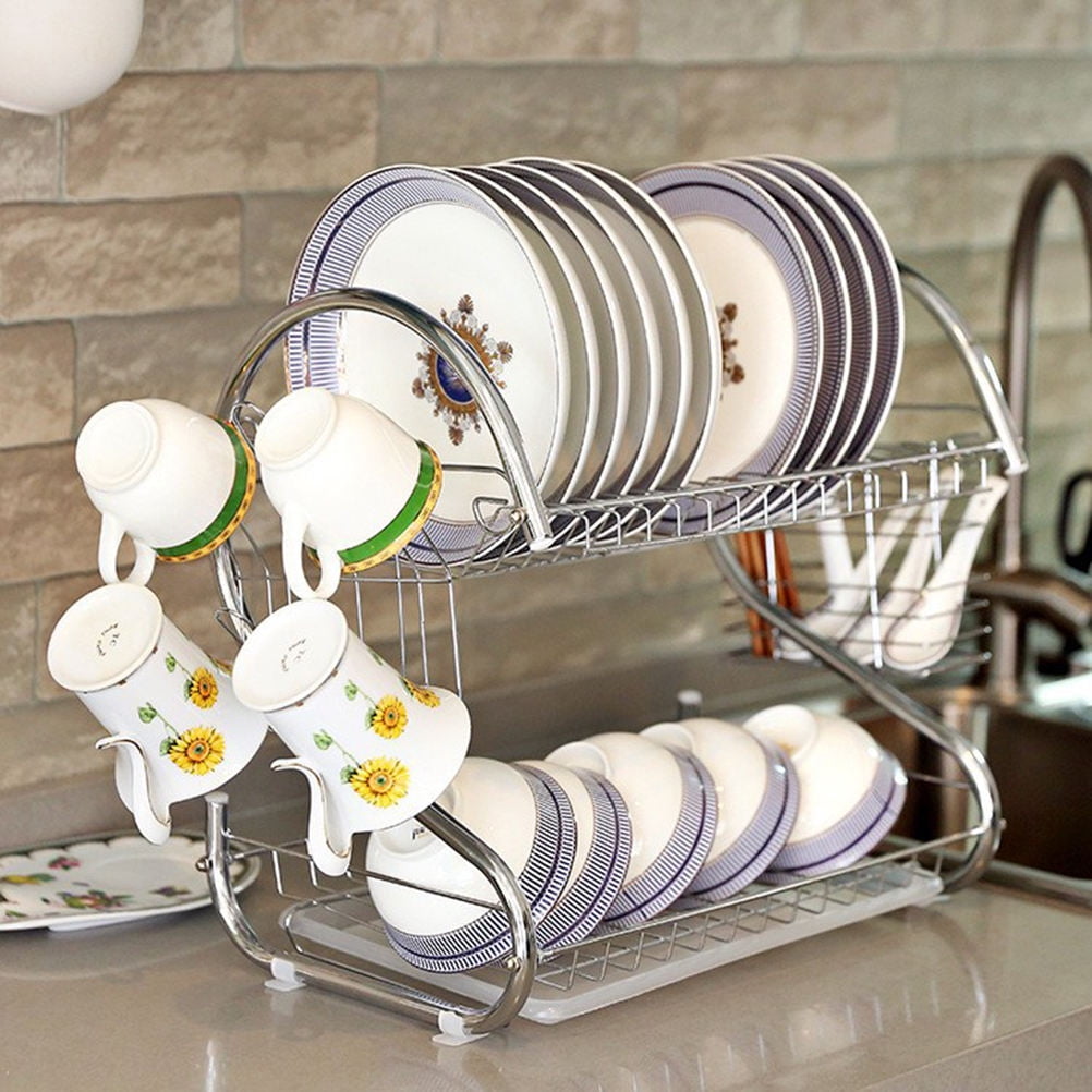 WHAMVOX 2-Tier Dish Cup Drying Rack Kitchen Tool Drainer Stainless Steel Dryer Tray Dish Holder Organizer for Home Restaurant (Silver)