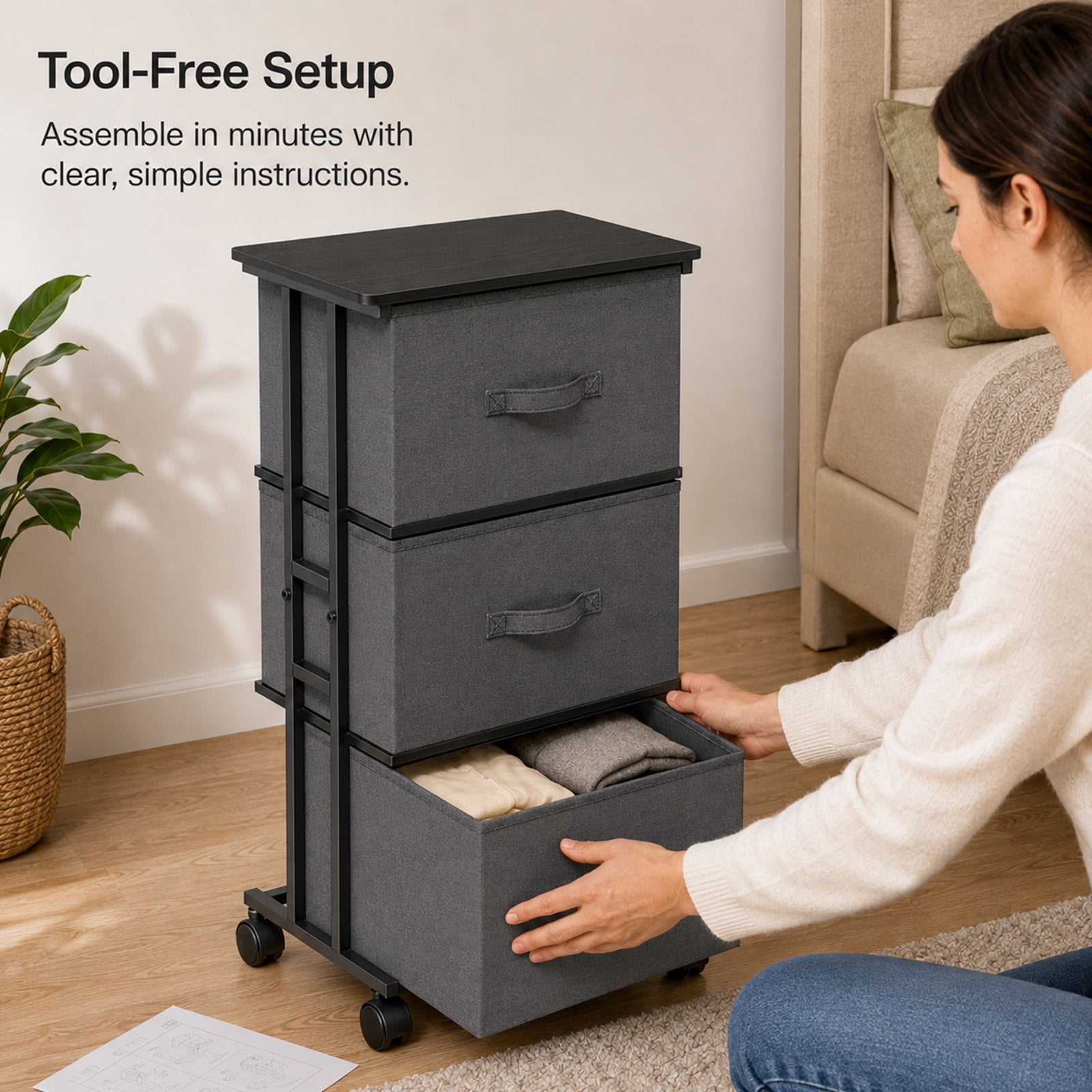 Alvantor Fabric Dresser 3 Drawer Storage Chest, Rolling Storage Tower, Vertical Storage Unit for Bedroom, Closet, Office