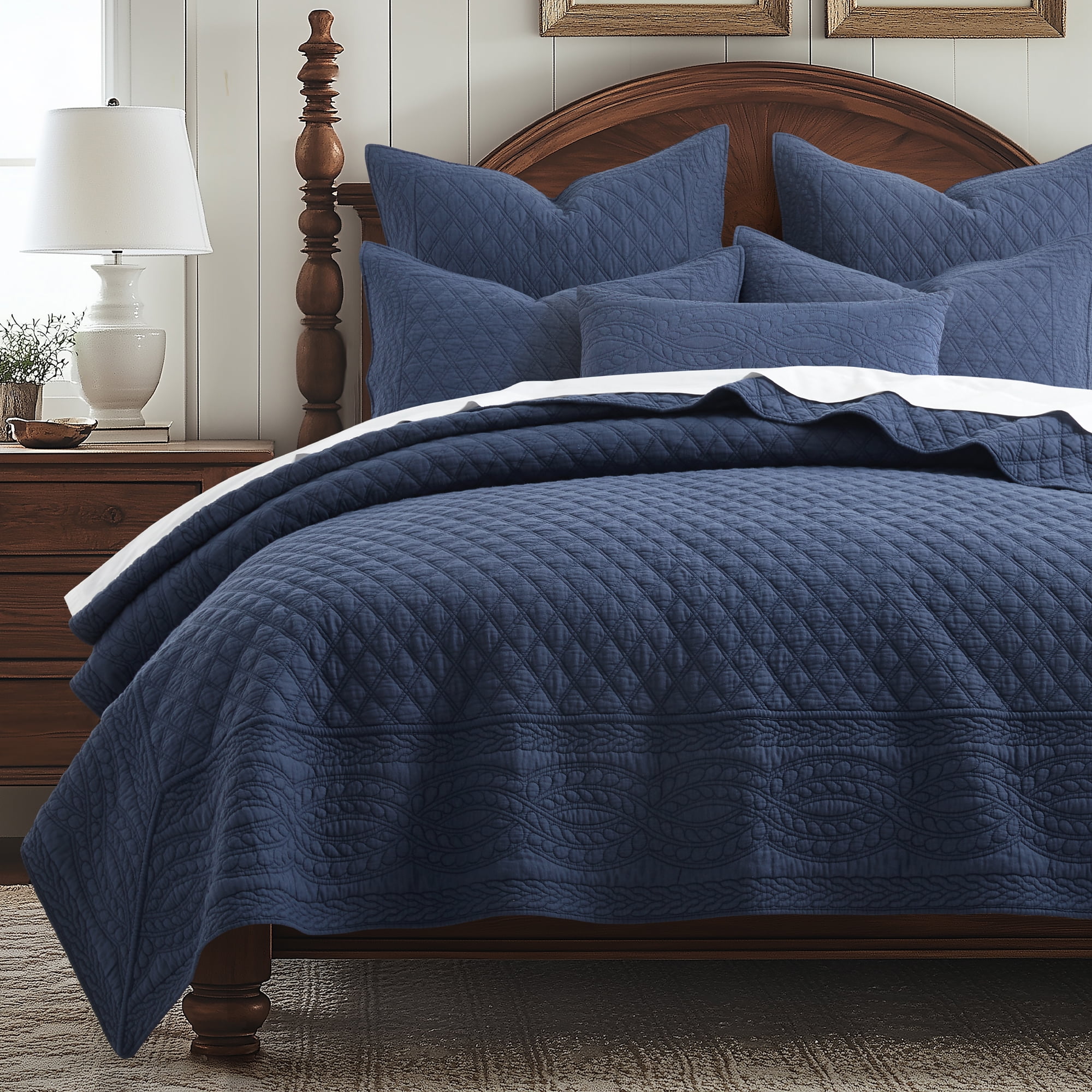 Levtex Home - Ballou Quilt Set - Full/Queen Quilt and Two Standard Shams - Bordered - Navy - Quilt (88x92in.) and Shams (20x26in.) - Reversible - Cotton