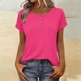thumbnail image 2 of Htigea Women's Crewneck Henley Shirts Summer Short Sleeves Solid Color Casual Everyday Versatile Tops Hot Pink S, 2 of 9