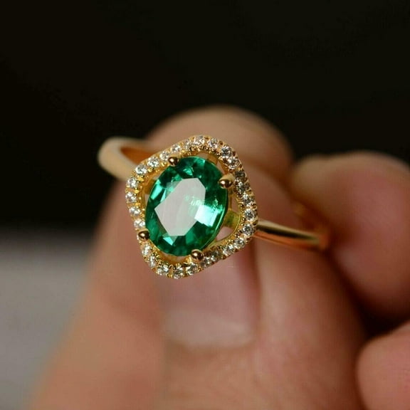 2 Ct Oval Cut Natural Green Emerald Halo Engagement Ring 14K Yellow Gold Plated -4