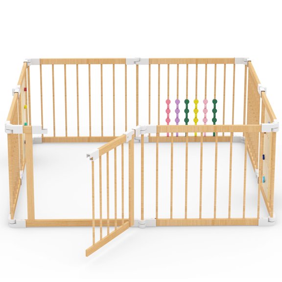 Guqiart Wooden Baby Playpen with Locking Gate & Interactive Toys, Adjustable Kids Play Yard for Indoor Use, 58"×58"×24", Track Panel