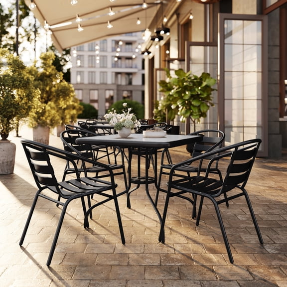 Flash Furniture 31.5'' Square Glass Metal Table with 4 Black Metal Aluminum Slat Stack Chairs