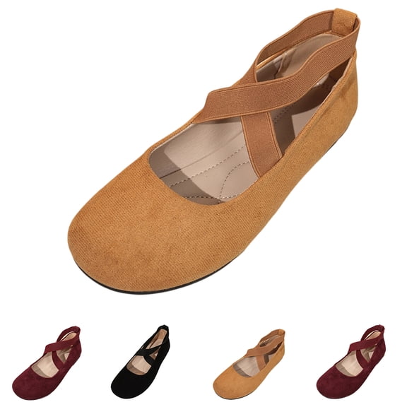 UDAUDU Women's Ballet Flats Cross Strap Round Toe Slip-On Comfortable Closed Toe Casual Walking Dress Shoes Everyday Wear Shoes Camel 7 Wide