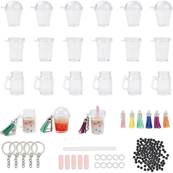 302pcs Mini Milky Tea Keychain Accessories Tea Cream Glue Casting Kit Mini Cup Pendant Charms with Keychain Rings Tassels Bubbles Straws
