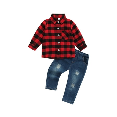 

IZhansean Toddler Boy Christmas Outfits 2T 3T 4T 5T Kids Long Sleeve Buffalo Plaid Shirt Ripped Denim Pants Clothes Red 3-4 Years
