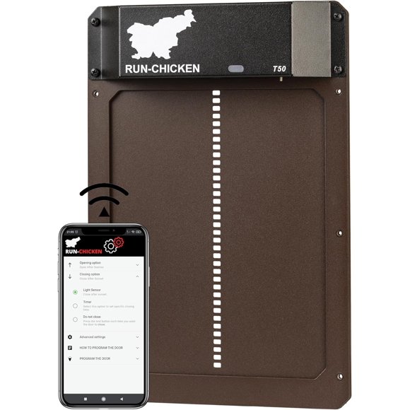 CHICKEN Door (Brown) Automatic Chicken Coop Door, Programmable with App, Battery Operated, Evening and Morning Delay, Aluminum Door, Electric Chicken Run Door, Model T50