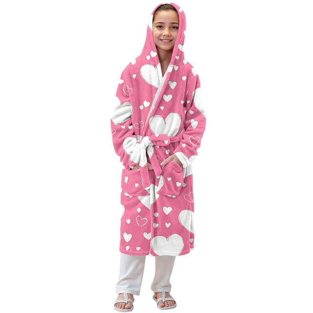 RXMEKW Velvet Hooded Bathrobe For Girls Long Sleeve Sleepwear Pajama Set With Button Closure