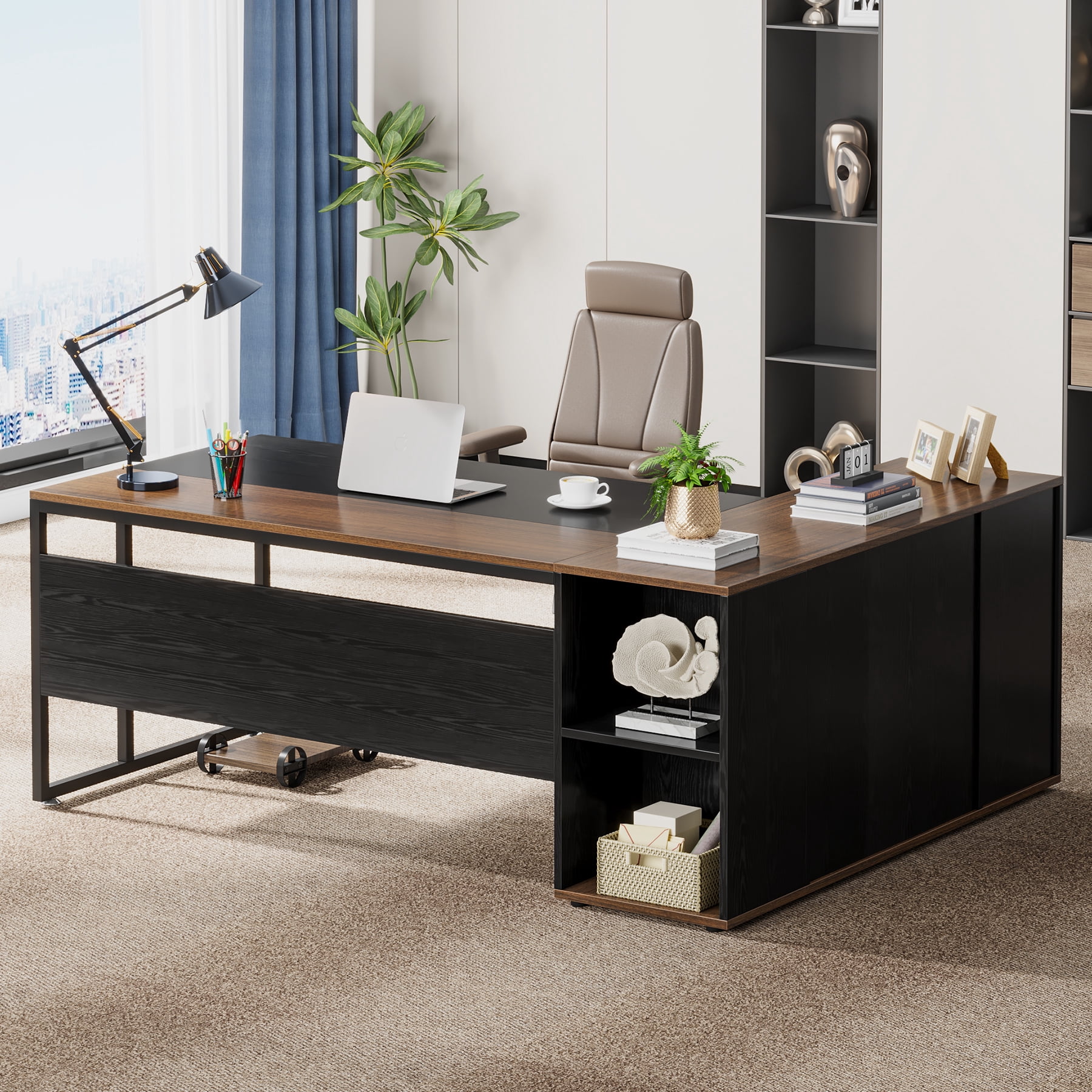 71-Inch L-Shaped Executive Desk, Large Office Desk with Shelves and Cabinet, Brown and Black