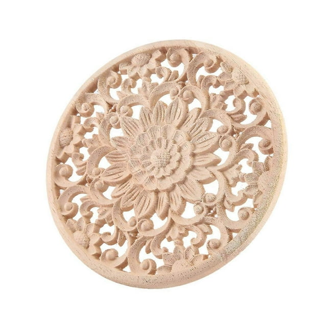 Carved Flower Carving Round Wood Appliques Figurine 15x15x0.8cm