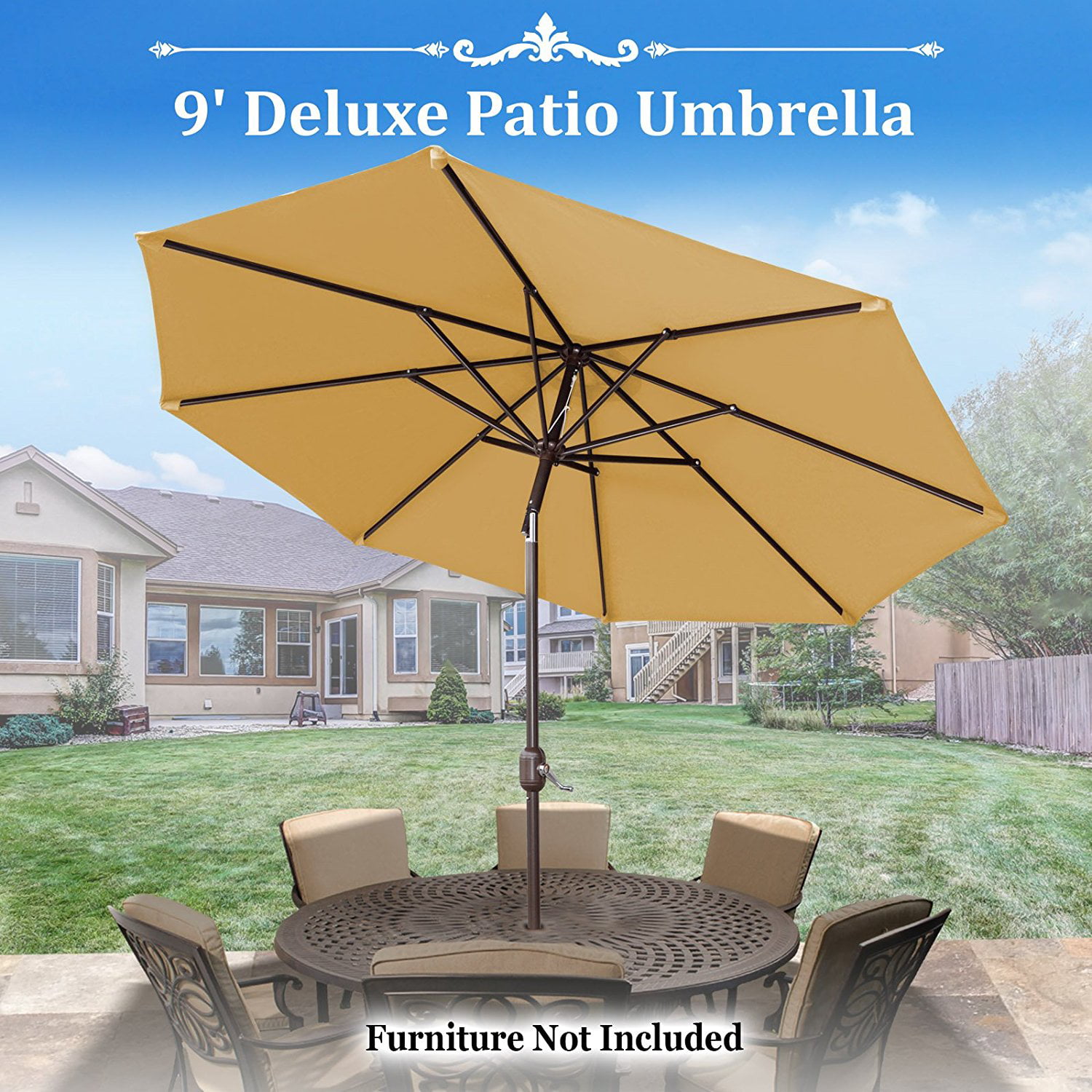 Strong Camel 9 Ft Outdoor Table Aluminum Patio Umbrella with Auto Tilt and Crank, With OLIFEN