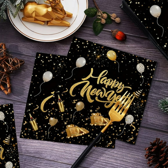 Seyotauo 20 Pcs The First of Years Eve Napkin Party Decoration Happy Year Gold and Black Gift Golden Dot Disposable Paper Napkin for 2025 The First of Year Holiday Dinner Party Supplies