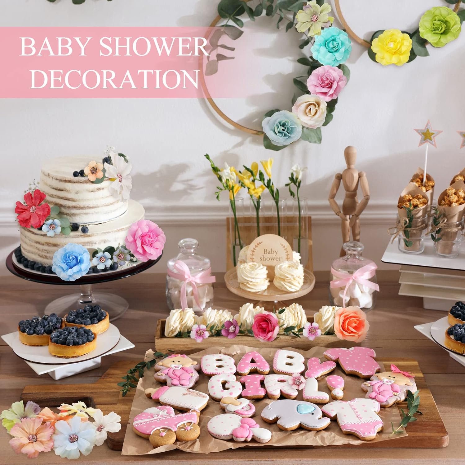 300 Pcs Faux Flower Heads Silk Artificial Plum Blossom Heads DIY Fake Mini Flowers Assorted Silk Decorative Flowers Daisy Roses Craft Supplies for Wedding Party Wreath Cake Vase Decoration (Elegant)