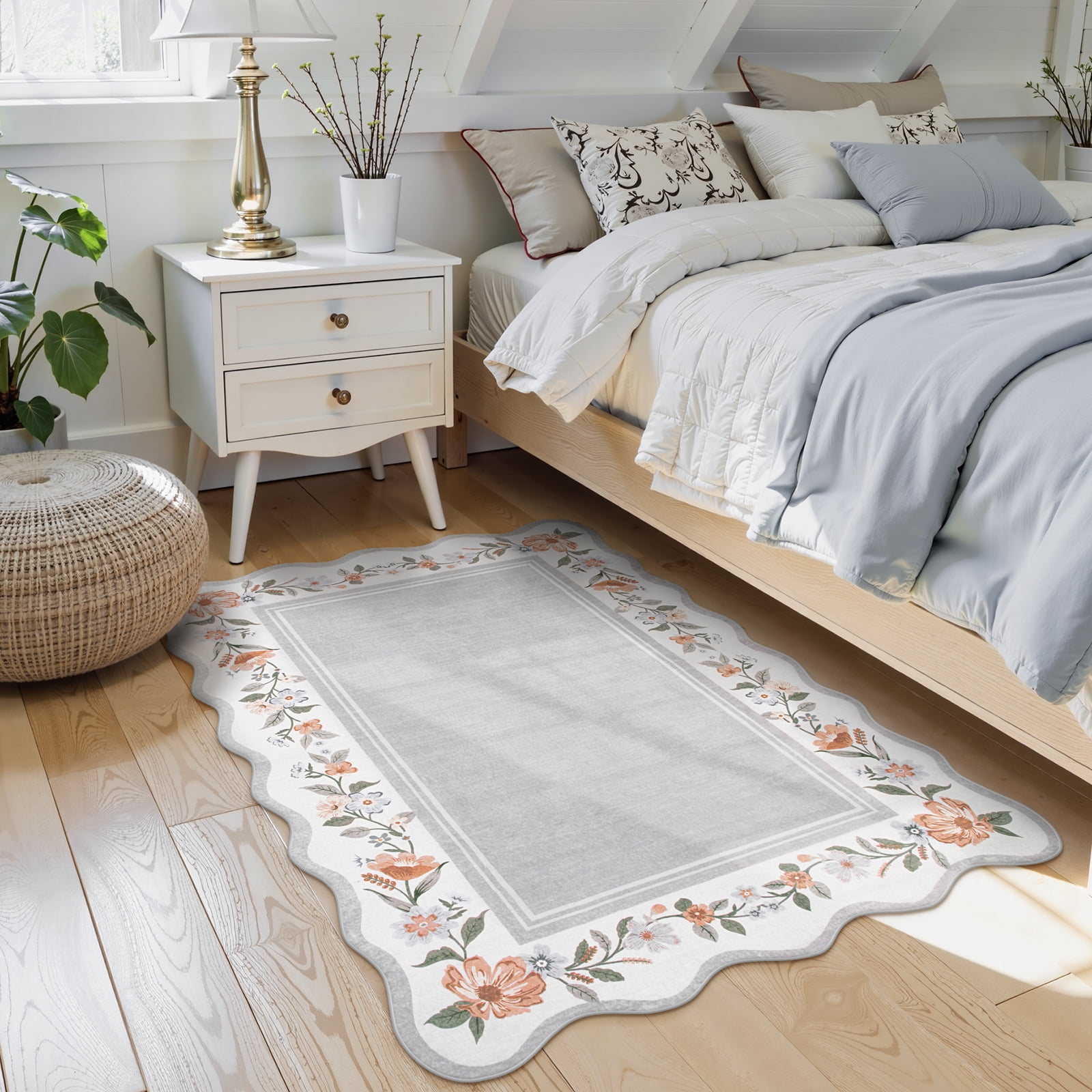 Lahome 2'x3' Grey Boho Floral Washable Small Rug,Ultra-Thin Scalloped Rug, Non-Slip & Stain Resistant,Soft Low-Pile Mat for Kitchen, Bathroom, Bedroom Front Door Indoor Entrance (2x3ft,Grey)