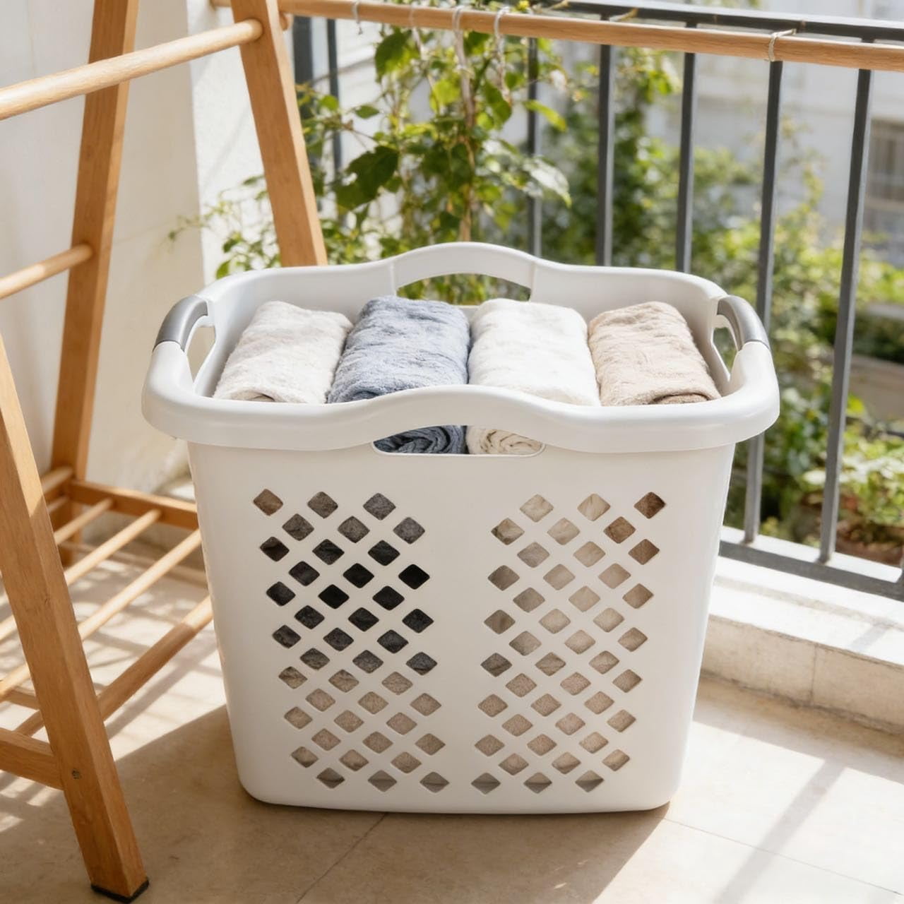 2-bushel capacity laundry baskets with silver handles, white, 2-PACK
