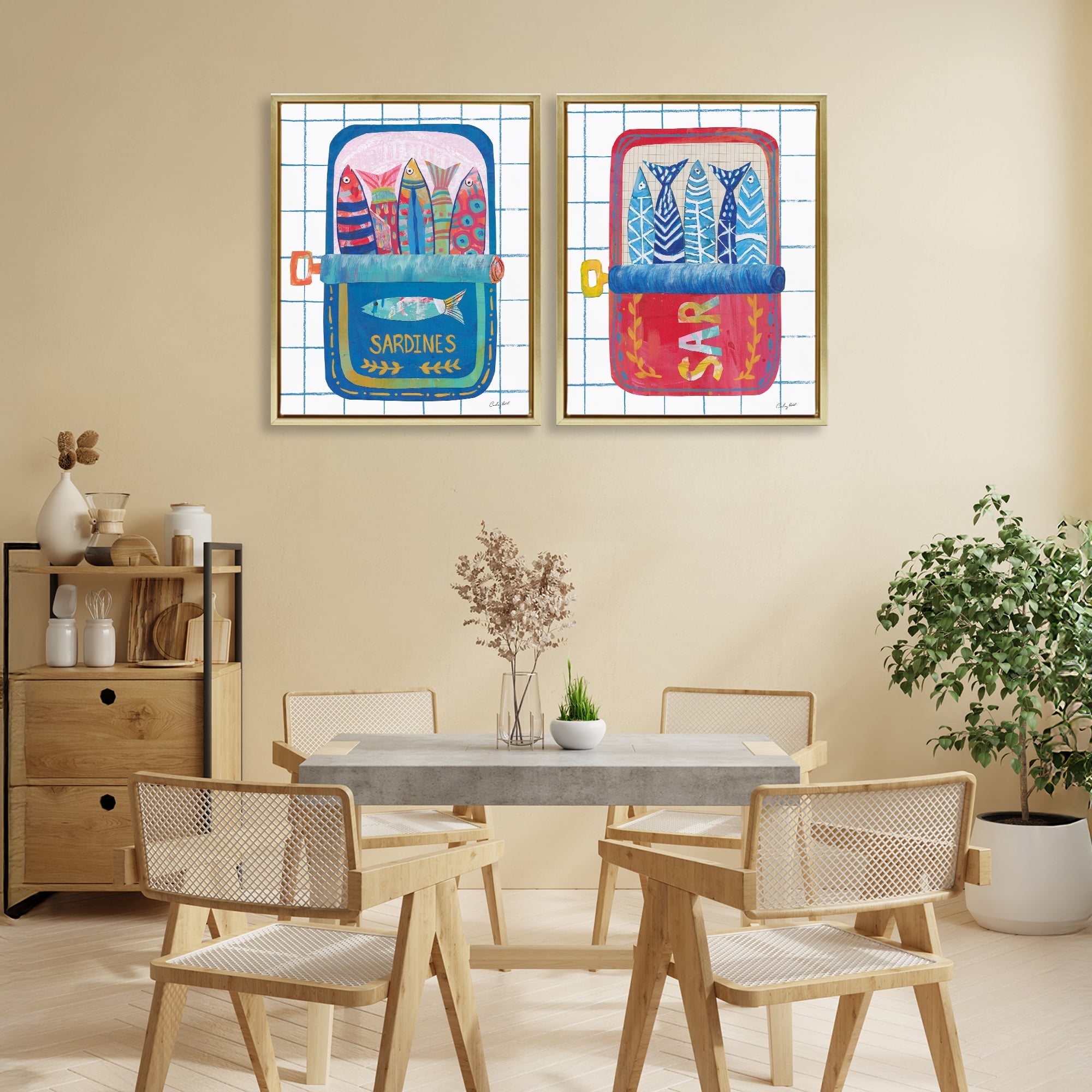 Stupell Industries Whimsical Silly Sardines 2 Piece Gold Framed Floater Canvas Set, design by Courtney Prahl