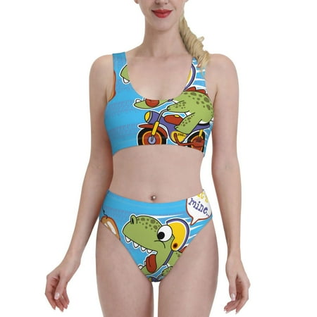 Bixox Funny Dinosaurs Pursue a Meat Pattern Two-Piece Sports Bikini with U-Shaped Top and High-Waist Bottom - Women s Swimwear with Removable Bra Pads