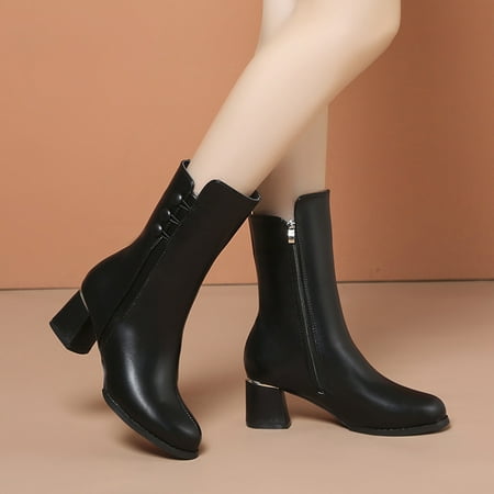 

eczipvz Womens Shoes Boots for Women Fashion Women Artificial Leather Solid Color Autumn Square Heels Zipper Mid Booties Round Toe Womens Mid Calf Snow Boots Black-7