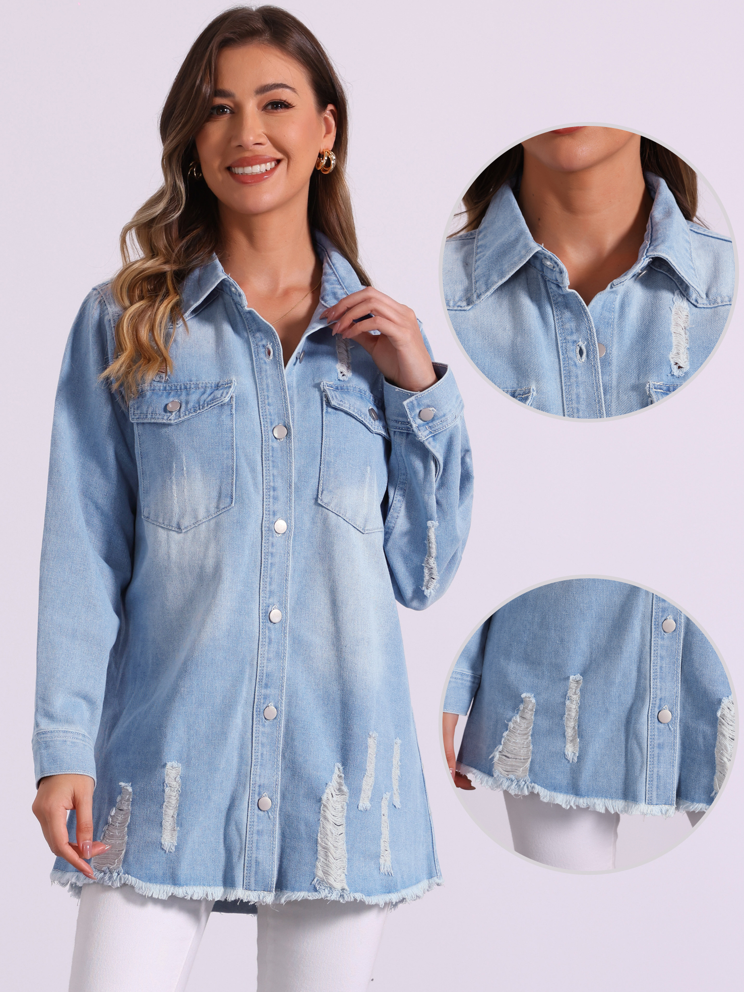 DARING DIVA Women's Distressed Frayed Hem Denim Jacket L Light Blue