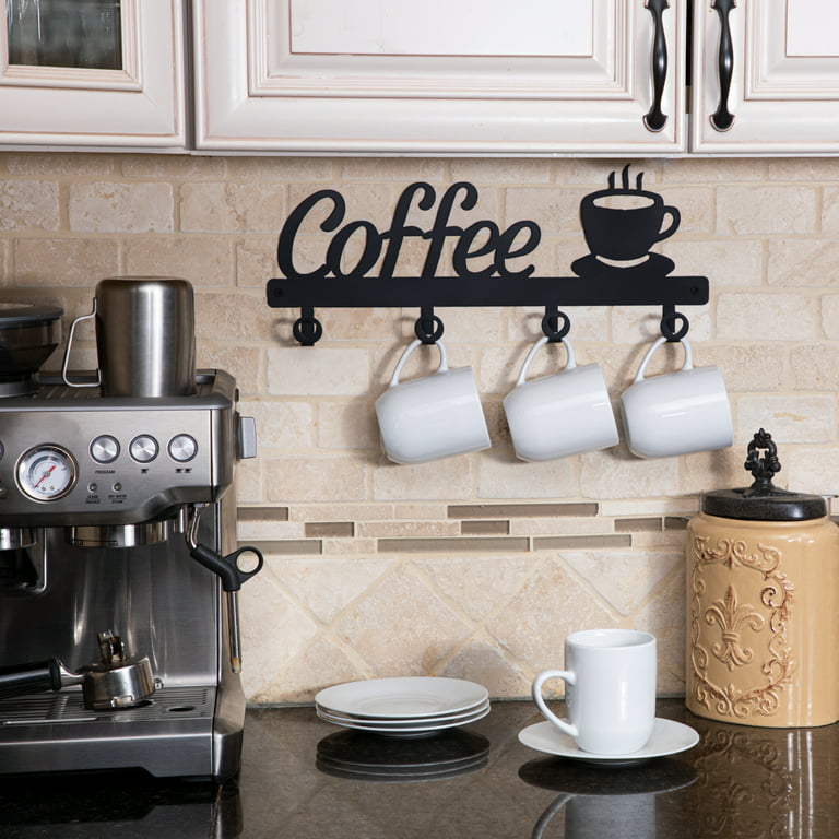 Plethora Products Coffee Bar Decor Sign Coffee Mug Holder Wall Mounted -Coffee Cup Rack Holds 4 Cu