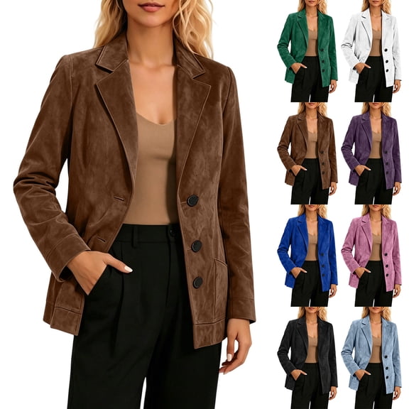 Women Solid Faux Suede Blazer Jacket, Long Sleeve Open Front Lapel Business Casual Work Jacket with Pockets Brown XL(XL)