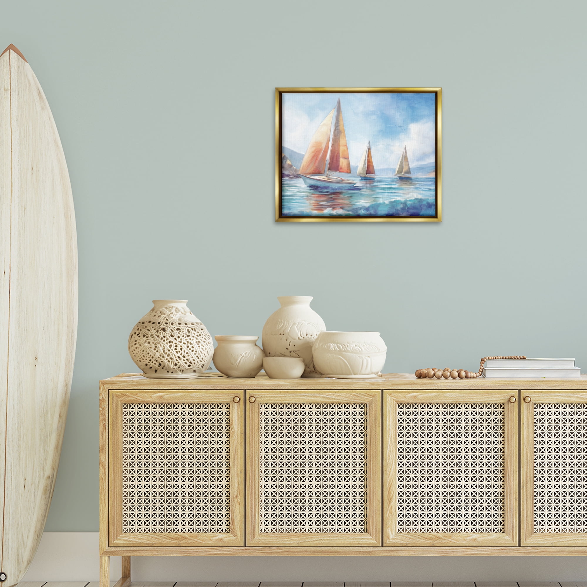 Stupell Industries Three Boats Drifting Coastal Painting Gold Floater Framed Canvas Art Print Wall Art, 21 x 17