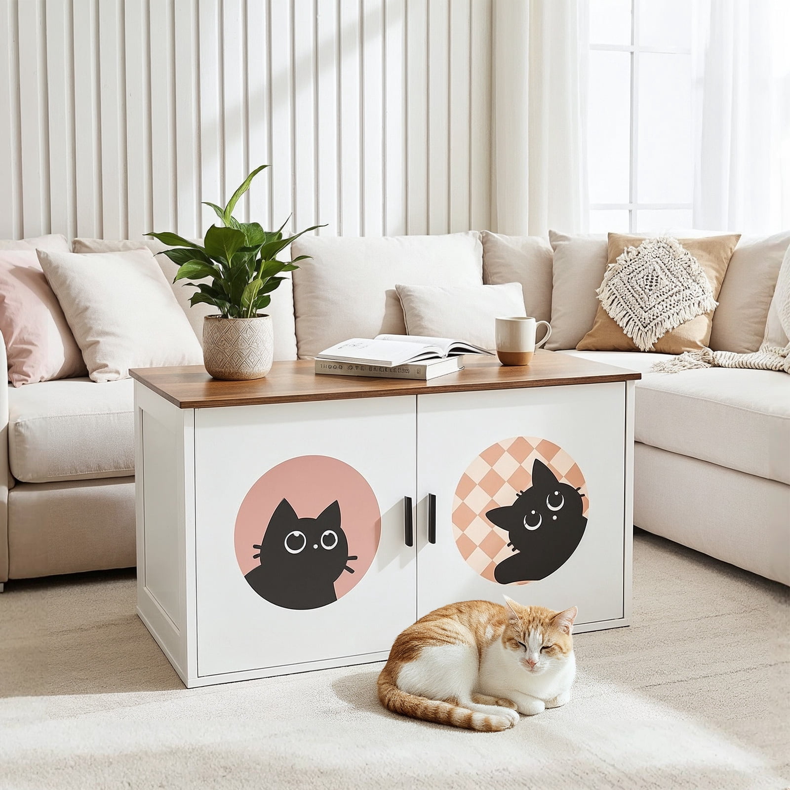 HOOBRO Cat Litter Box Enclosure, Hidden Litter Box Enclosure Furniture with Cute Cat Patterns and Arched Entrance, Litter Box Cabinet, Side Table, for Living Room, White and Walnut WH08MW01