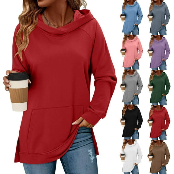 Yievot Womens Casual Hoodies Long Sleeve Fall Sweatshirts Solid Loose Side Slit Pullover Tops with Pocket