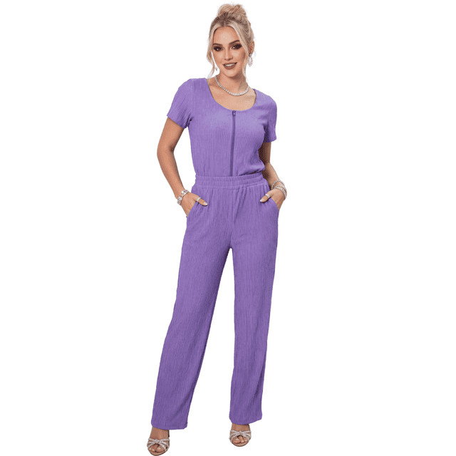 Conjunto 2 Piezas, Blusa Ajustada con Cuello y Pantalón Amplio con Bolsillos, Estilo Elegante y Moderno para Mujer