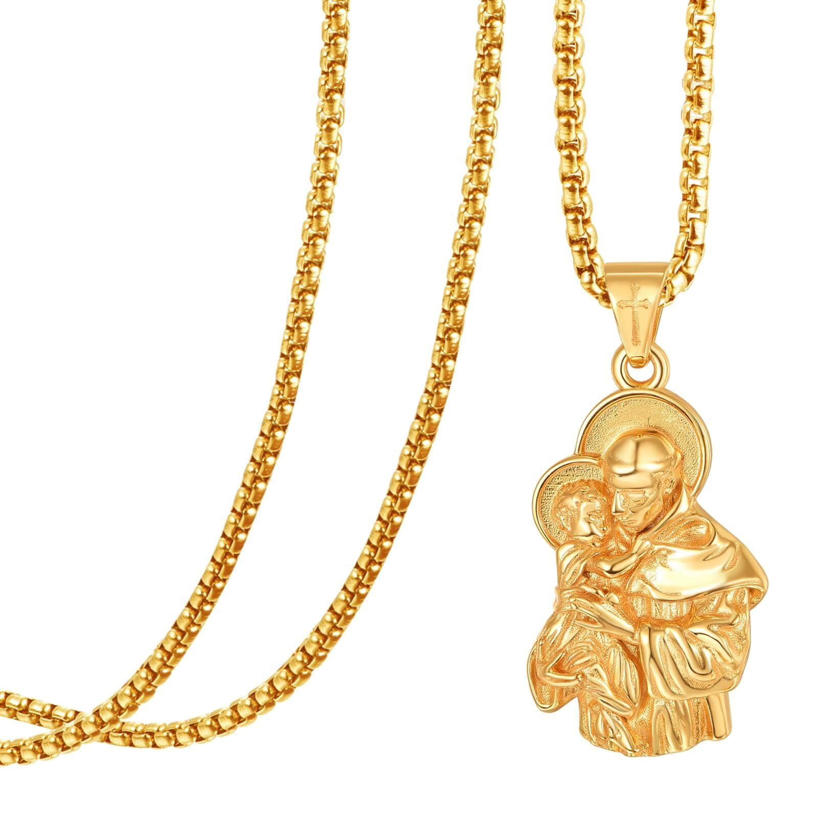 14K Solid Gold Saint Anthony Necklace for Men, St Anthony Religious Pendant Necklace