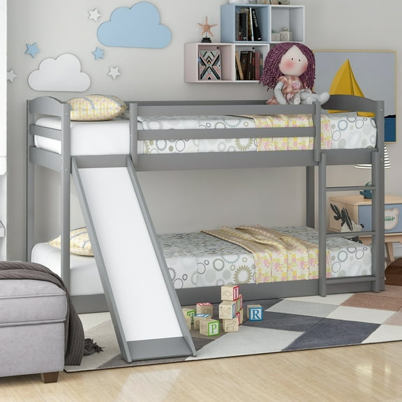 Euroco Solid Wood Twin over Twin Bunk Bed with Slide and Ladder for Kids Teens, 400lbs Weight Capacity, Safety Rails and Easy Assemble, Gray