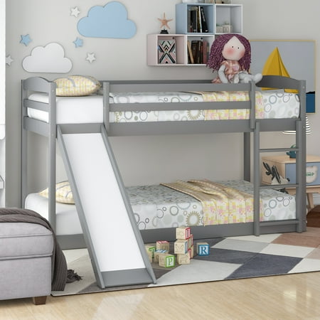 Euroco Solid Wood Kids Twin over Twin Bunk Bed with Slide and Ladder  Gray